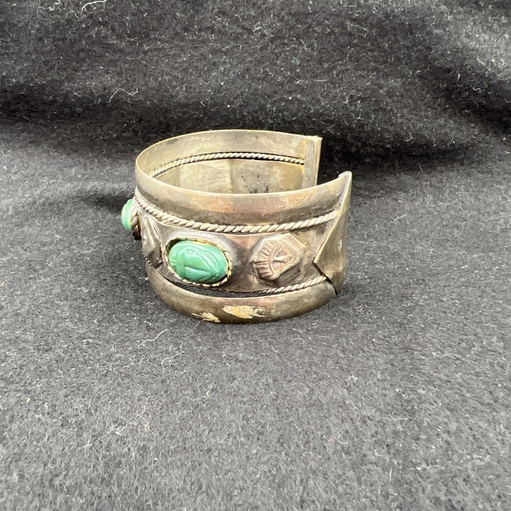 Vintage Cuff Bracelet 3" Wide Brass Egyptian Revival Scarab Pharoah - Picture 2 of 8